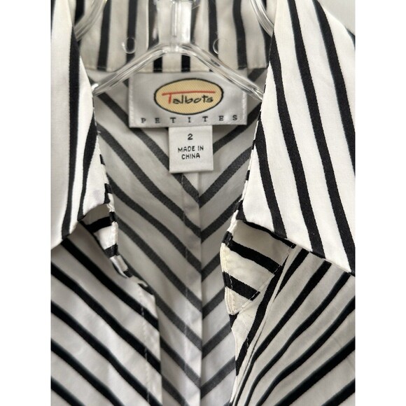 Talbots Black and White Striped 3/4 Sleeve Zip Front Collared Womens Top Size 2P - Picture 2 of 7